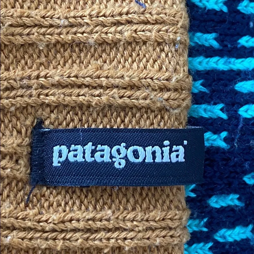 Patagonia Powder Town Beanie Blue Mustard Pom-Pom Unisex OS Outdoor Hiking Ski